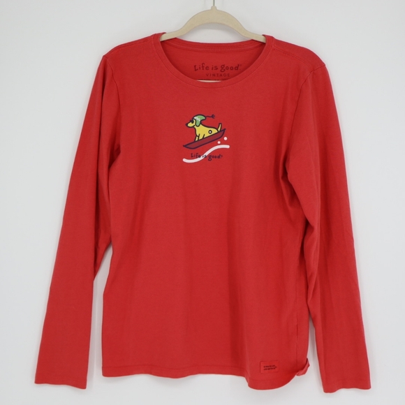 Life is Good Womens Sled Dog Vintage Long Sleeve Shirt Size Medium Red Crew Neck - Picture 1 of 11